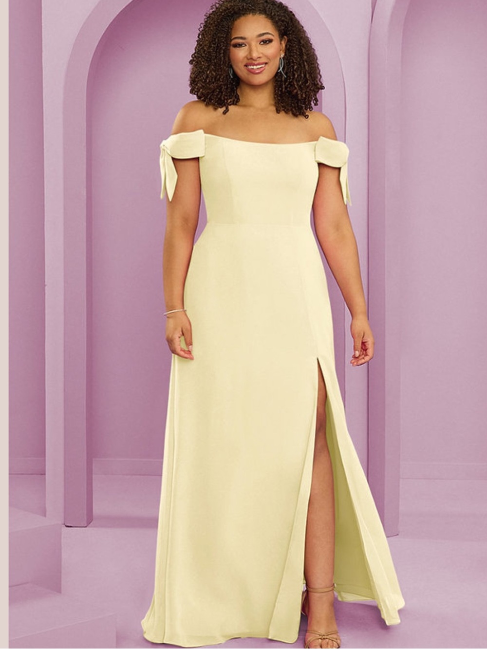 Azazie Off-Shoulder Lemon Sorbet Yellow Gown with Side Slit